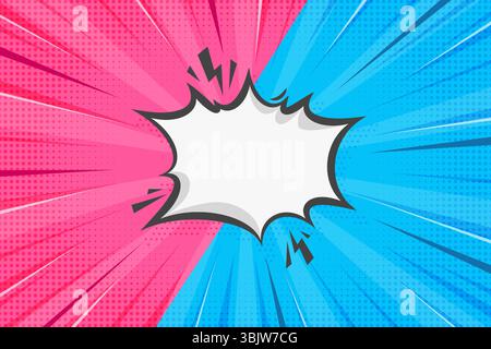 Pop art cartoon background. Comic book superhero vector backdrop with starburst effect. Vs template with speech bubble frame. Blue and pink vintage Stock Vector