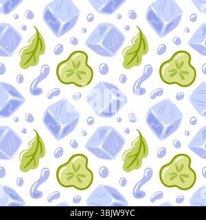 seamless pattern featuring refreshing elements such as ice cubes, splashes, cucumber slices, and mint leaves. This design captures a cool Stock Vector