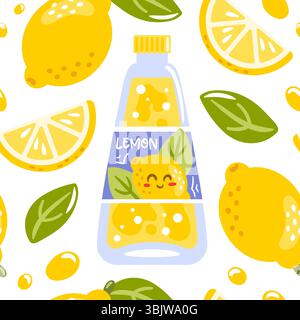 seamless pattern showcases vibrant soda bottles, refreshing lemonade, and zesty lemons. Ideal for summer-themed designs, it brings a cheerful and Stock Vector