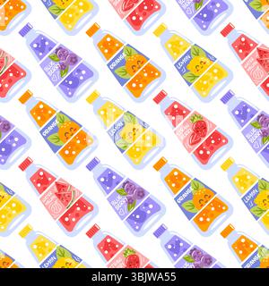 A seamless pattern featuring vibrant bottles filled with various sodas, including strawberry, lemonade, blueberry, orange, and watermelon. Perfect for Stock Vector