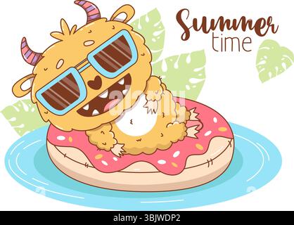 Cute Summer horned Monster with Sunglasses floats on Inflatable Donut. Beach Cartoon Funny fluffy kawaii character vacation. Vector illustration. Kids Stock Vector