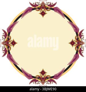 An ornate abstract digital art piece featuring a symmetrical diamond-shaped frame with stylized purple and gold floral accents on a cream background, Stock Vector