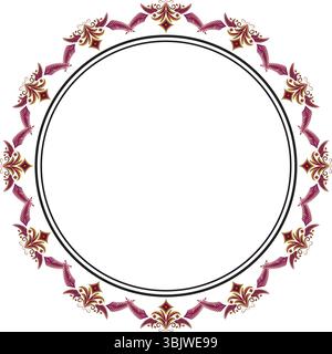 An ornate abstract digital art piece featuring a symmetrical circular frame with stylized purple and gold floral accents on a clean white background, Stock Vector