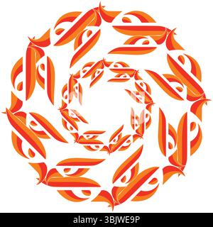 A vibrant abstract digital art piece featuring a symmetrical circular pattern of swirling orange and red elements, creating a dynamic design on a clea Stock Vector