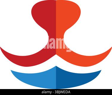 A stylized abstract emblem featuring a central red and orange organic shape with two curved extensions, complemented by a blue wave-like element below Stock Vector