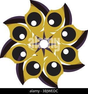 A captivating abstract digital art piece featuring a symmetrical radial arrangement of stylized yellow eye-like petals with black pupils on a white ba Stock Vector