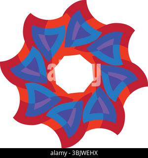 A vibrant abstract circular design featuring interlocking red, orange, and blue geometric petal-like layers radiating from a central point, ideal for Stock Vector