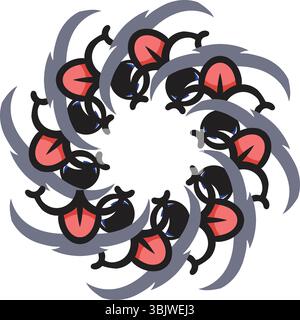 A dynamic abstract digital art piece featuring a symmetrical circular pattern of swirling red and white flame-like elements on a black background, sym Stock Vector