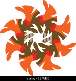 A dynamic abstract circular design featuring interlocking orange, brown, and red stylized shapes in a swirling radial pattern, perfect for bold patter Stock Vector