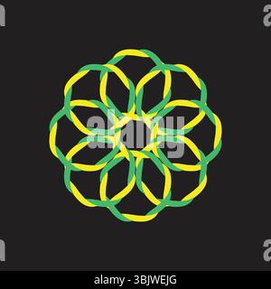 A captivating abstract design featuring intricately interlocking green and yellow rings forming a symmetrical circular pattern on a dark background, i Stock Vector