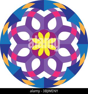 An intricate and colorful abstract floral mandala featuring a central yellow flower, interwoven purple and pink translucent petals, and an outer blue Stock Vector