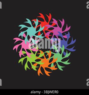 A dynamic and colorful abstract circular pattern featuring stylized petal-like elements in a full spectrum of vibrant rainbow hues, arranged radially Stock Vector