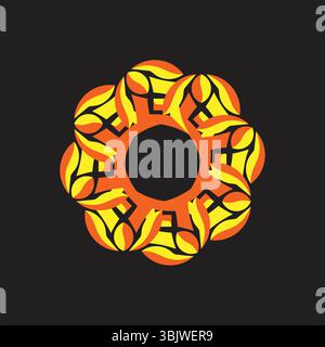 A dynamic and colorful abstract circular design featuring interlocking orange and yellow stylized petal or flame-like elements in a swirling pattern o Stock Vector