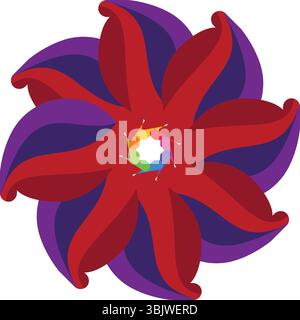 An intricate and vibrant abstract floral mandala design featuring layers of red and purple petal-like shapes radiating from a colorful center, ideal f Stock Vector