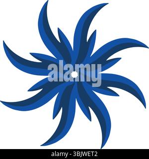 An intricate and dynamic abstract symmetrical circular design featuring interlocking blue flame-like or petal shapes with gradient shading, creating a Stock Vector