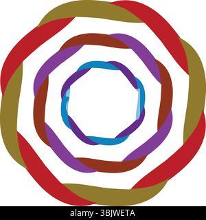 A captivating abstract design featuring concentric, intertwined rings in red, olive, purple, and teal, creating a modern and dynamic circular pattern Stock Vector