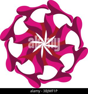 A vibrant abstract symmetrical circular design featuring swirling magenta and red organic shapes arranged radially, creating a dynamic and flowing pat Stock Vector