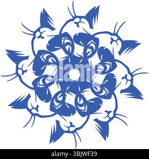 A captivating abstract circular design featuring stylized blue cat faces and brushstroke elements arranged in a radial, interlocking pattern, perfect Stock Vector