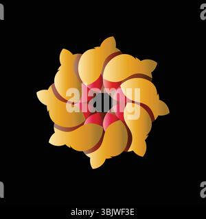 An intricate and warm abstract symmetrical circular design featuring interlocking orange and yellow curved shapes with gradient shading, creating a dy Stock Vector