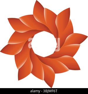 An intricate and warm abstract circular design featuring interlocking orange petal-like shapes with gradient shading, creating a dynamic swirling patt Stock Vector