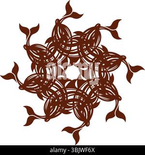 An intricate abstract digital art piece featuring a symmetrical circular mandala with brown dolphins layered in a swirling pattern on a white backgrou Stock Vector