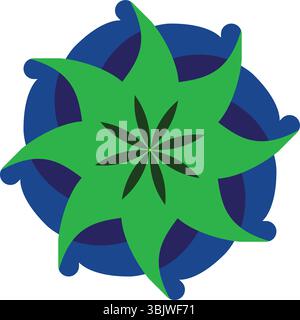 A vibrant abstract circular design featuring bright green petal-like shapes radiating from a dark center, overlaid on concentric blue circles, perfect Stock Vector