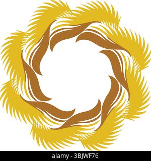 A harmonious circular abstract design featuring stylized golden and brown feather or leaf-like elements arranged radially, perfect for natural, decora Stock Vector