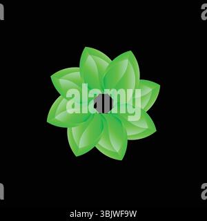 A vibrant and modern abstract symmetrical design featuring interlocking green petal-like shapes with gradient shading, creating a fresh floral pattern Stock Vector