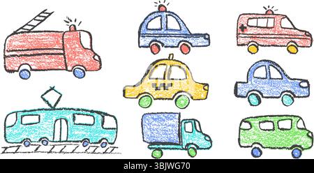 Colorful vector set of crayon drawn vehicles including police, passenger car, ambulance, fire truck, taxi and train. Wax pastel squiggles with Stock Vector