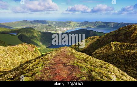 Walking path leading to a view on the lakes of Sete Cidades, Azores, Portugal Stock Photo