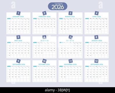 Year 2026 calendar template clipart set. Monthly calendar lay out for 2026 year clip art with 12 months pages collection for planner, schedule Stock Vector