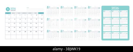 Year 2026 calendar template clipart set. Collection of 2026 monthly pages calendar planner templates and annual date clip art minimalist design vector Stock Vector