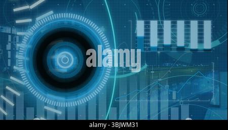 Displaying concentric circle HUD rotating over blue grid, with small radial gauges, copy space Stock Photo