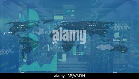 Displaying world map overlay animating within server room, with hexagonal nodes and warning icons Stock Photo