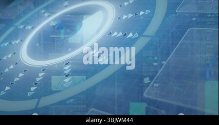 Displaying glowing ring radiating triangular arrow icons over virtual dashboard, with data panels Stock Photo