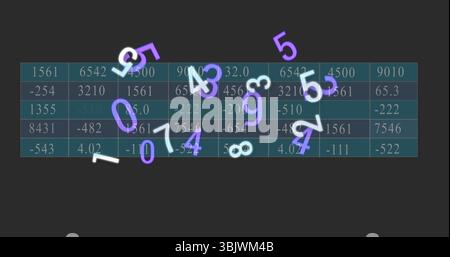 Displaying teal-header data grid on panel, with alternating rows and floating purple white digits Stock Photo