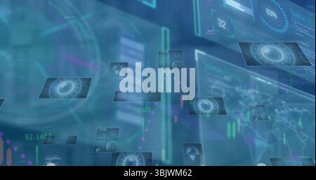 Translucent panels displaying charts, readouts and binary code in workspace, with world map overlay Stock Photo