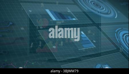 Floating translucent 3D data panels hovering above grid floor, with bar charts and HUD rings Stock Photo