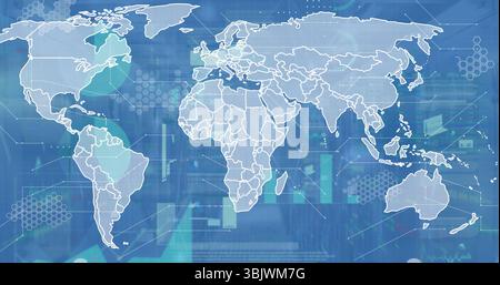 Displaying white world map over server rack interface showing hex grids, bar charts and data points Stock Photo