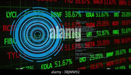 Displaying blue concentric HUD overlay floating over trading dashboard, with tickers and code Stock Photo
