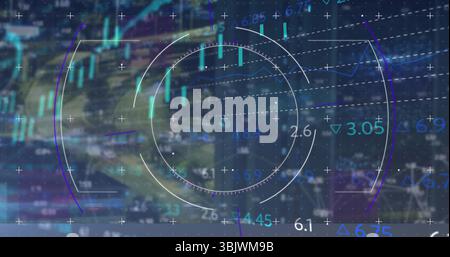 Displaying radial HUD overlaying trading screen, with candlesticks, line graphs and numeric labels Stock Photo