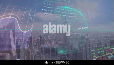 Displaying dotted digital globe mapping world data over urban skyline, with translucent line chart Stock Photo