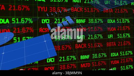 Displaying digital grid on dark dashboard, with green and red tickers and floating blue panels Stock Photo