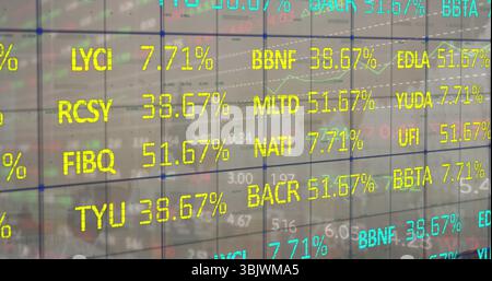 Displaying glass panel overlaying grid on trading floor, showing ticker codes and percentage data Stock Photo