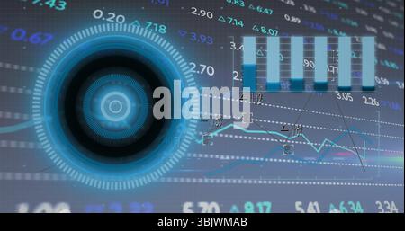 Rotating blue HUD gauge on grid with bar chart, graphs, numeric labels, delta markers, copy space Stock Photo