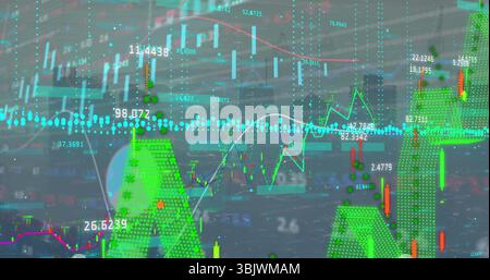 Displaying financial data over trading floor, with multicolor candlesticks, graphs and data points Stock Photo