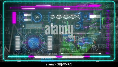 Displaying holographic UI panel showing charts at console, with world map gauge and waveform graph Stock Photo