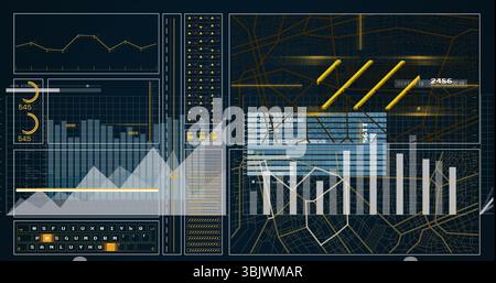 Displaying dark-theme analytics dashboard interface on screen, with line graph, gauges, bar chart Stock Photo