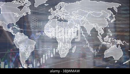 Displaying world map outline over candlestick charts line graph on data dashboard with hexagon grid Stock Photo