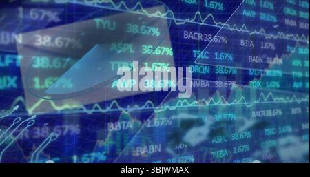 Displaying translucent 3D pie chart floating over tech dashboard interface, with scrolling tickers Stock Photo